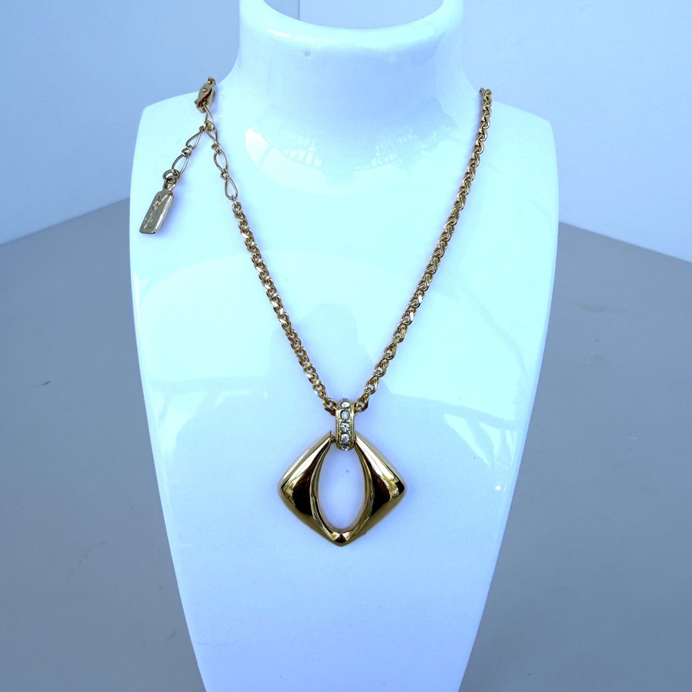 Vintage Yves Saint Laurent Gold-Tone Rhombus Pendant Necklace with Rhinestone Ac